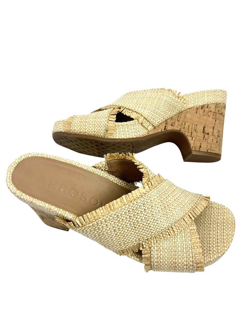 AEROSOLES Marina Natural Raffia Crisscross Cork Heel Mule Sandals 9 NWOB